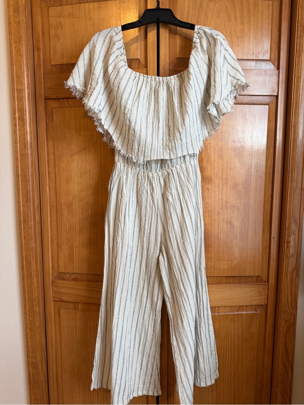 Elan Cream and Tan Striped Off-Shoulder Jumpsuit- M